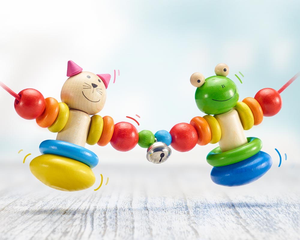 wooden pram chain happy friends cat dog