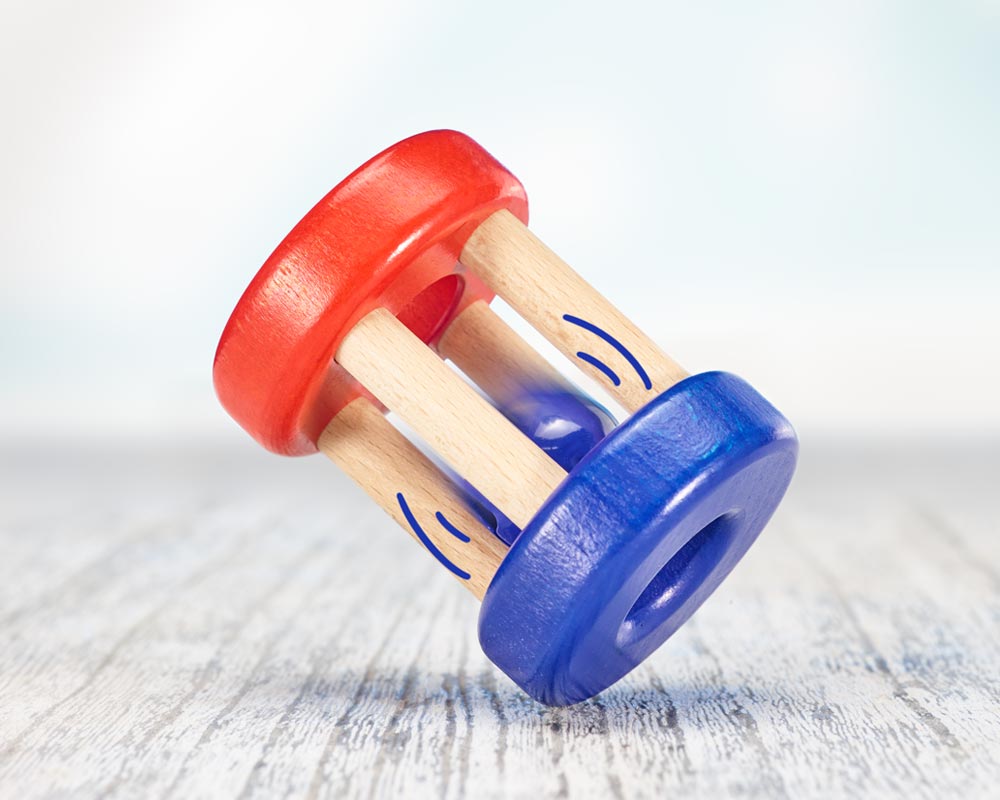 wooden roller grabbing toy with bells
