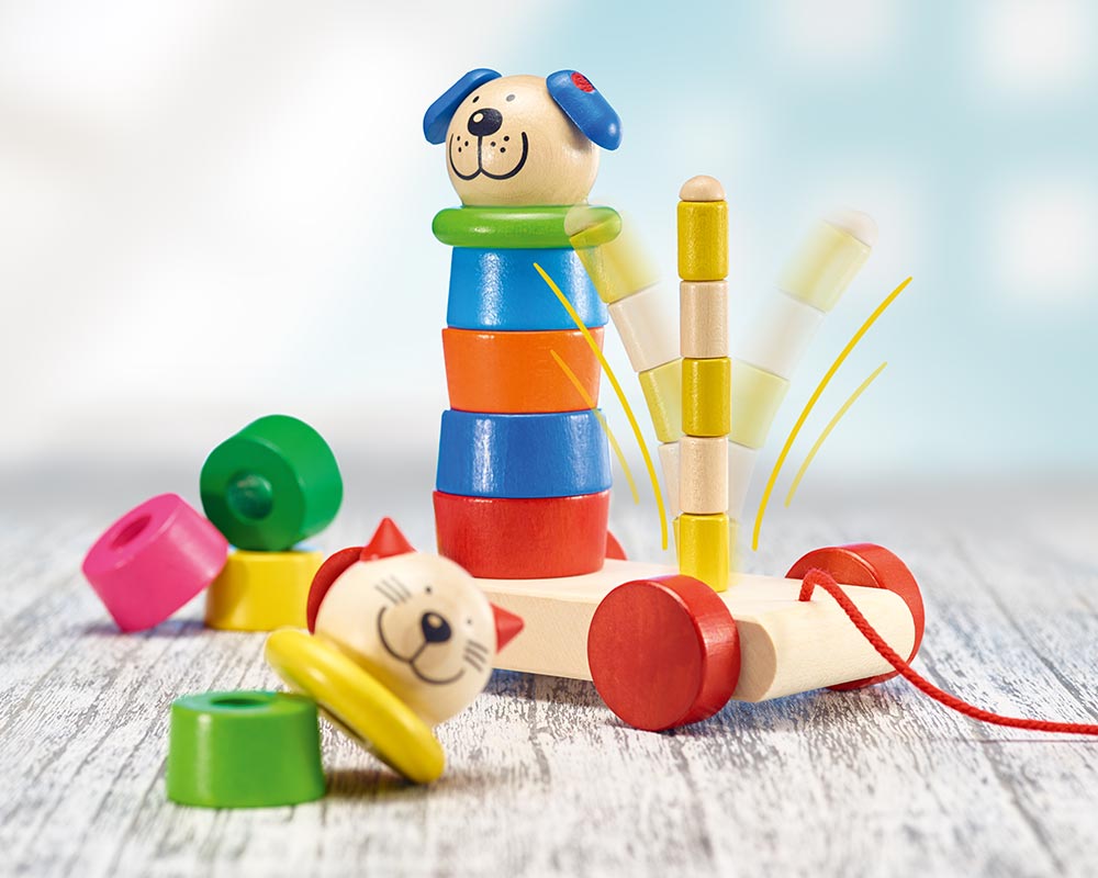 wooden pull along shape game stacking