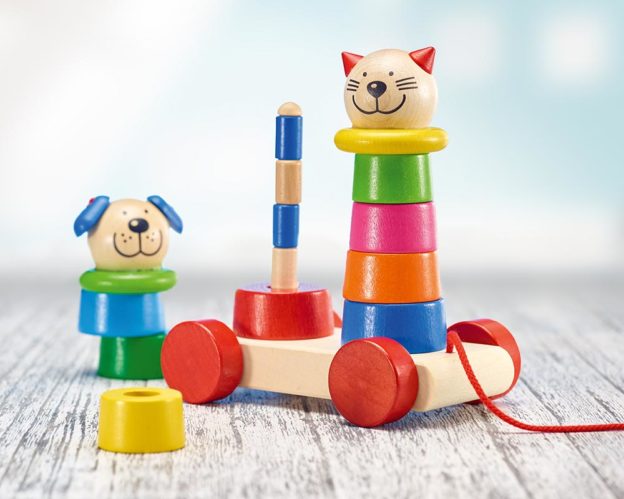 wooden pull along shape game stacking