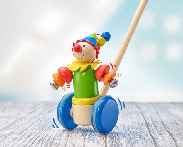 wooden pull along toy clown