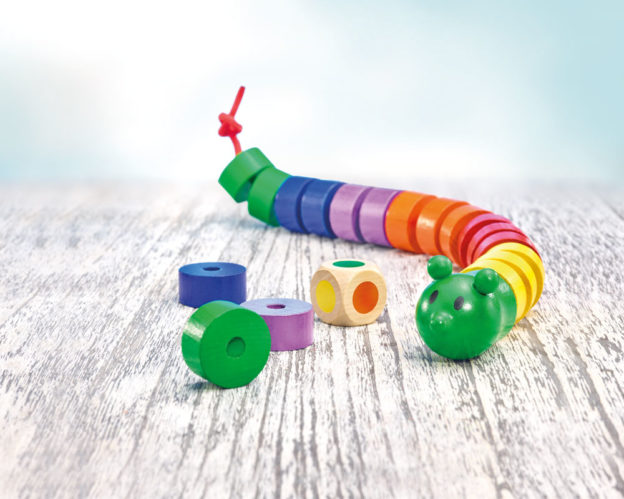 wooden colour learning game threading caterpillar