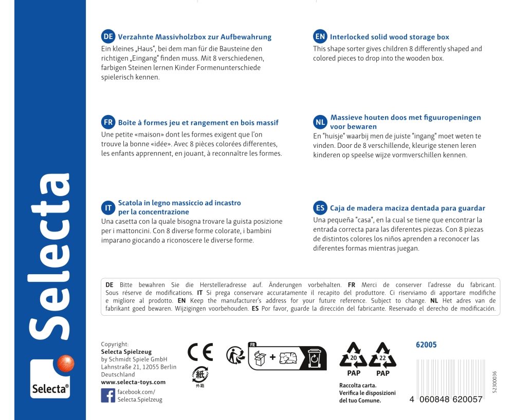 Back of a Selecta packaging featuring an adventure cube with sorting function; includes instructions in multiple languages and safety icons at the bottom.