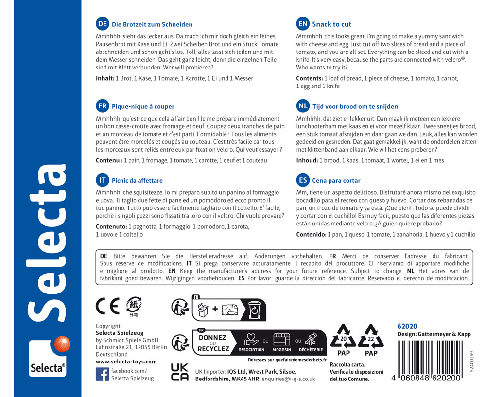 Multilingual snack to cut up instructions with ingredients and allergy info on a white and blue Selecta product label.