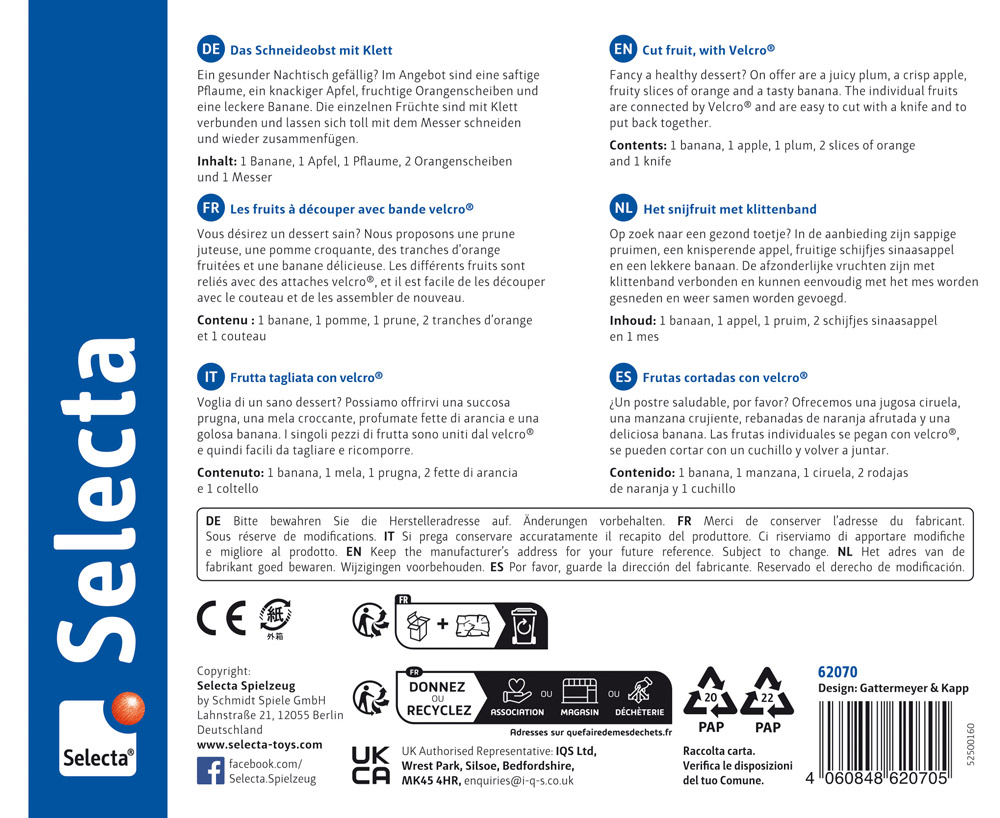 Product packaging with fruitsalad Velcro fruit-cutting toy instructions in five languages on a white background.