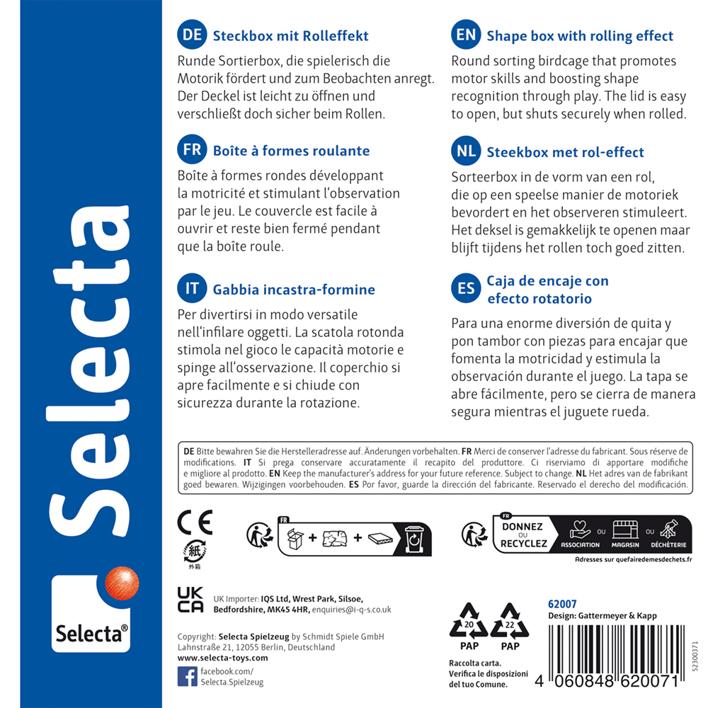 Product packaging for a Shape sorting box with roller effect by Selecta, featuring multilingual text and a barcode.