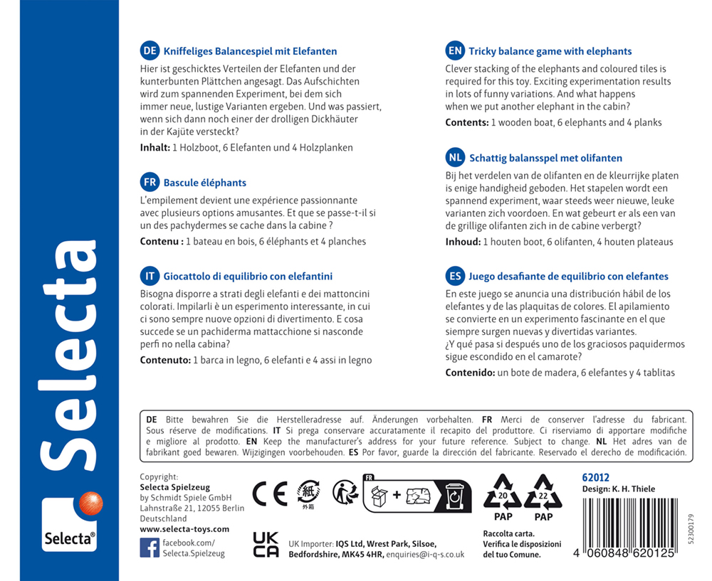 Game box back for Selecta's tricky balancing game with elephants, blue and white design, multilingual instructions.