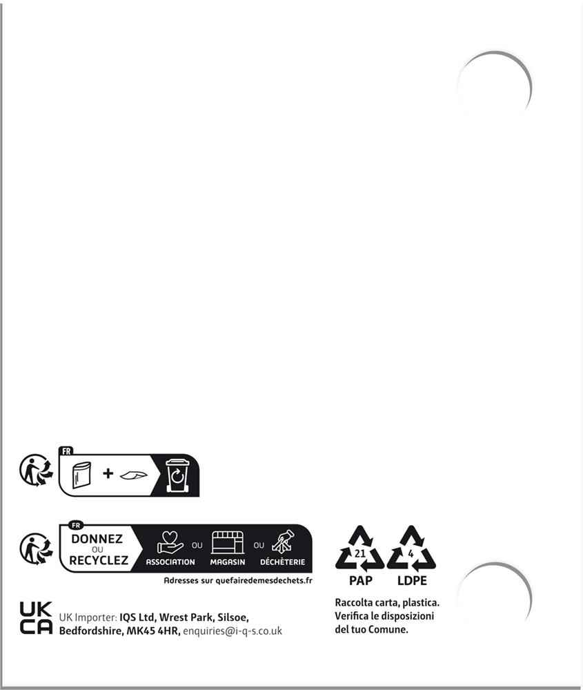 Black recycling icons, instructions, and Push-along toy rider info on white with two circular cut-outs at the edges.