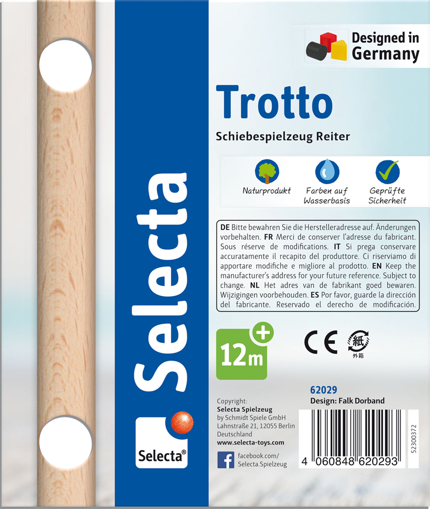 Product label for Selecta Push-along toy rider, ages 12+ months, designed in Germany.