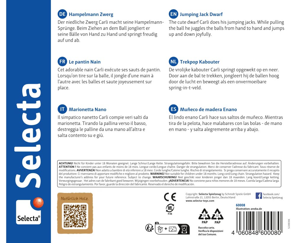 Back of a toy packaging with product descriptions in five languages and blue Selecta branding on the left.