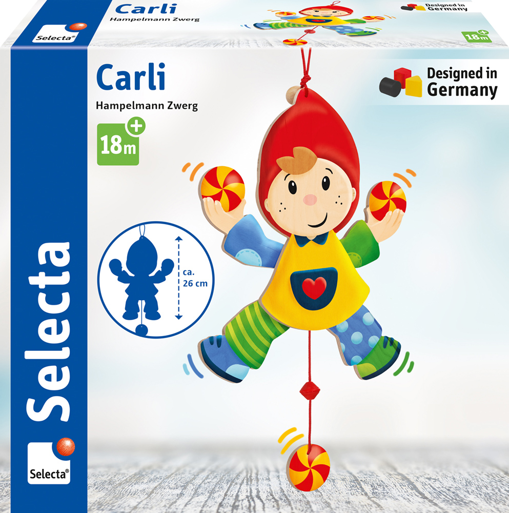 Box showing Carli Hampelmann Zwerg toy, a colourful wooden puppet with red hat and yellow shoes.