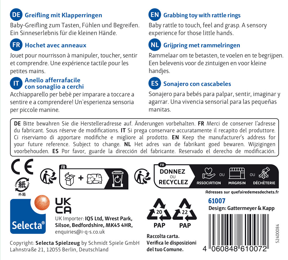 Toy packaging for grasping toy with rattle ring, product information in 5 languages, safety advice, barcode, Selecta branding.
