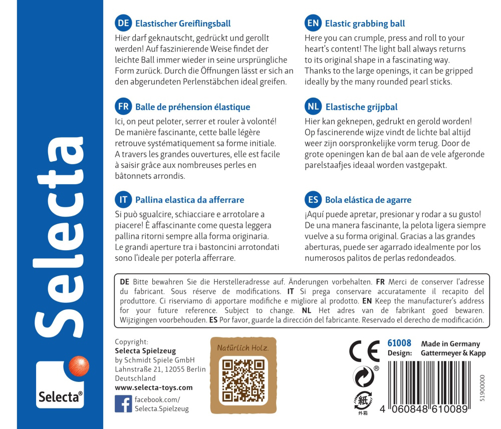 61008_space-wooden-toy-p-bottom Product packaging for the Selecta elastic grabbing ball, with five-language descriptions and a barcode.