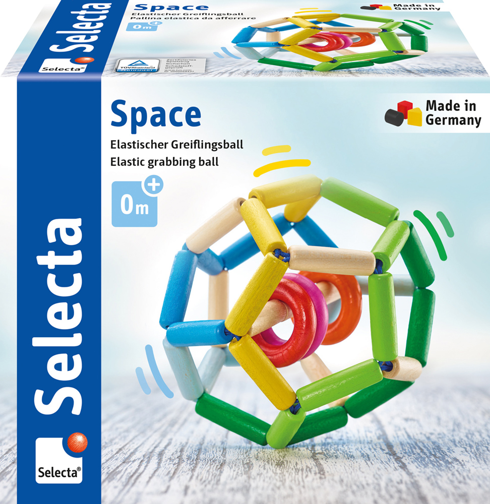 62080_Klettini_Lastwagen_FS33_05_2020 Colourful Elastic Grabbing Ball toy in geometric shape, featured on Selecta Space packaging for infants.