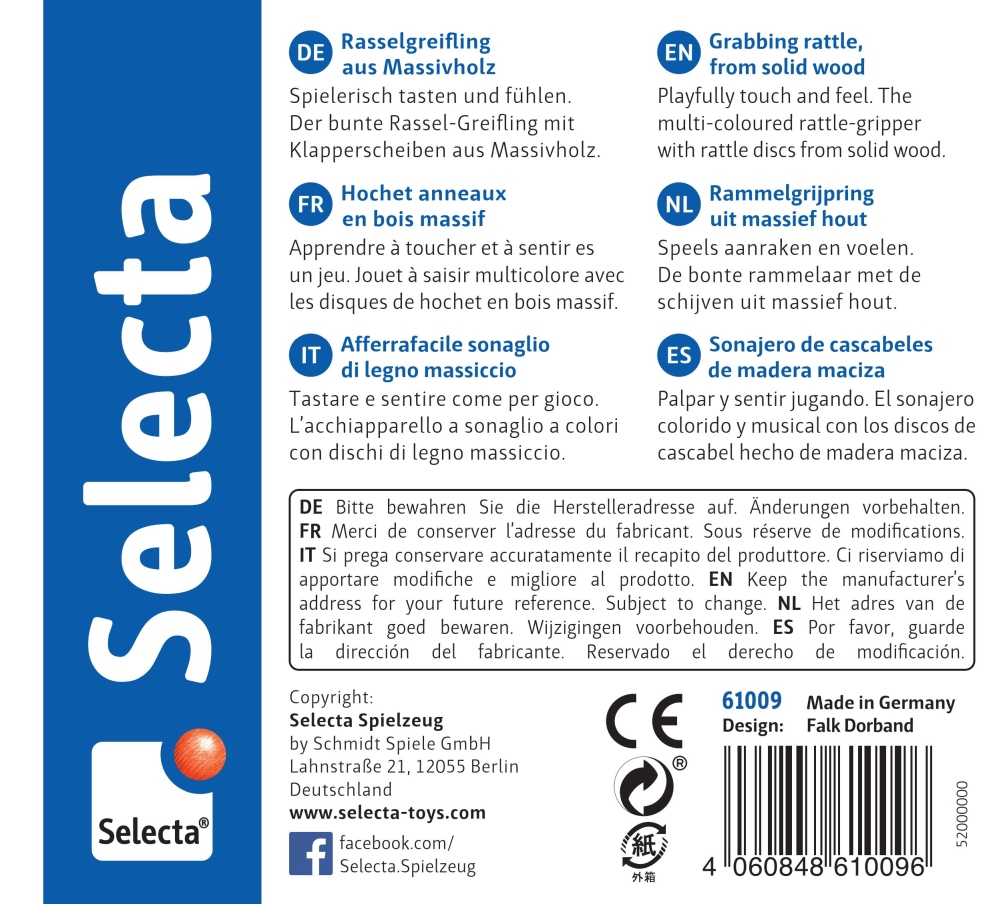 61009_rombino-wooden-toy-p-bottom Selecta grabbing toy appeals to all the senses, with multilingual packaging and a barcode on white and blue.