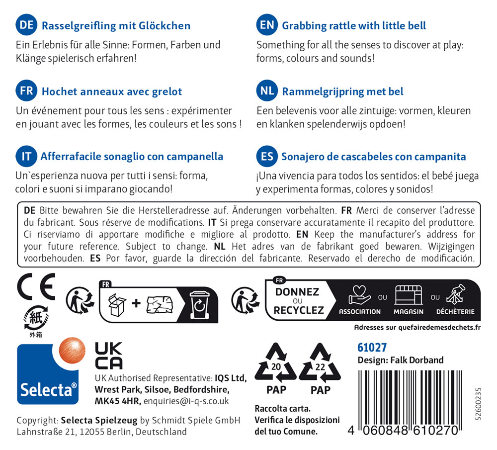 Toy packaging for a rattle with hidden bell, multilingual details, barcode, company info, and Selecta logo.