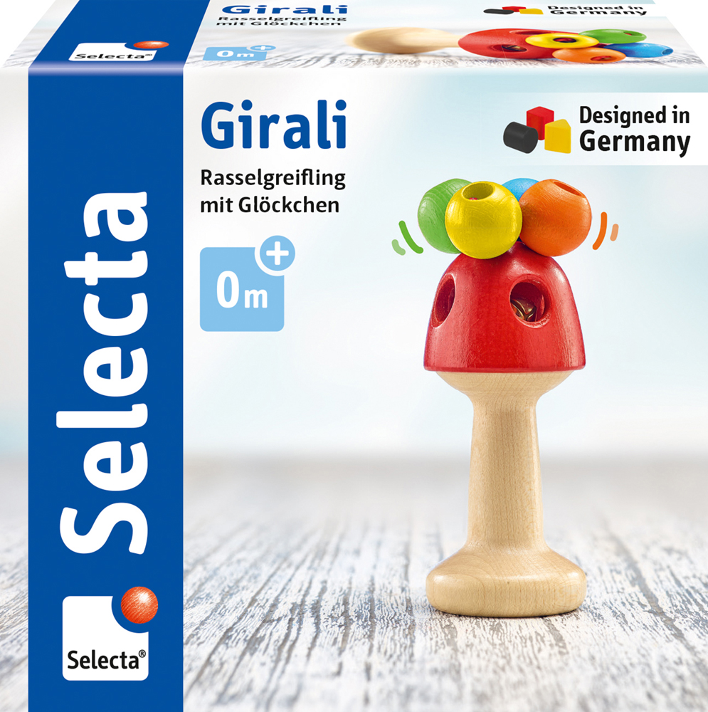 Wooden baby rattle with coloured beads and hidden bell, on a box labelled Selecta Girali, designed in Germany.