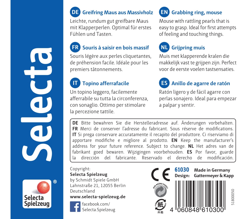 61030-topino-wooden-toy-p-bottom Solid wood mouse grabbing toy label, Greifring Maus, features 5 languages and a barcode for easy scanning.