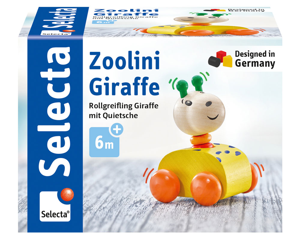 61037_zoolini-giraffe-wooden-toy-p Roller grabbing toy giraffe on wheels in colourful box, labelled Zoolini Giraffe, for ages 6m+, designed in Germany.