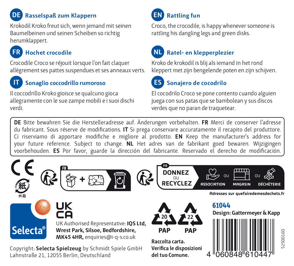 Fun rattle crocodile toy in multilingual packaging: German, English, Dutch, Italian, and Spanish product information.