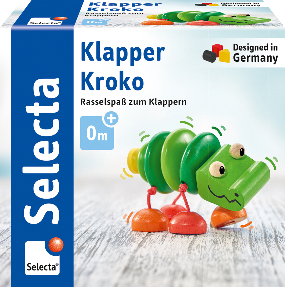 Box of Selecta Klapper Kroko, a fun rattle toy for ages 0+, green crocodile, designed in Germany.