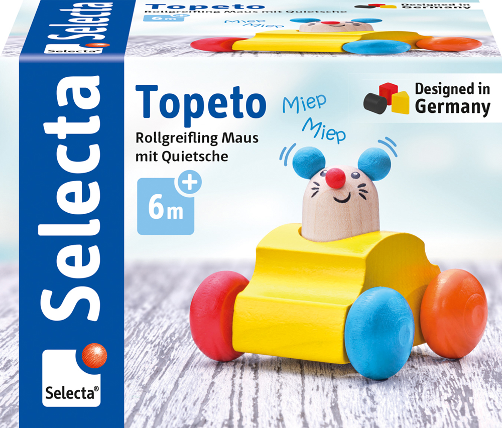 Roller mouse grabbing toy with squeak, blue ears, red nose, ages 6m+, designed in Germany.