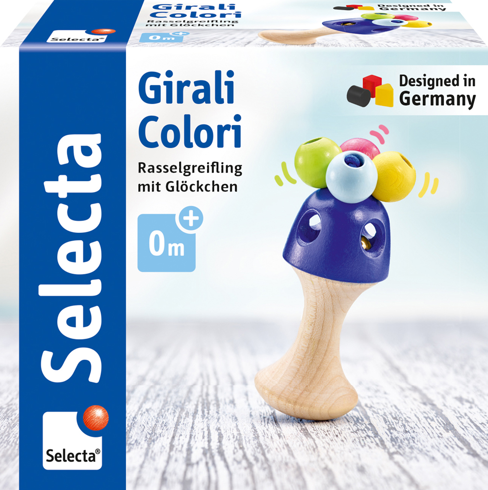 Colourful rattle with hidden bell toy on a Selecta box with German text and Designed in Germany label.