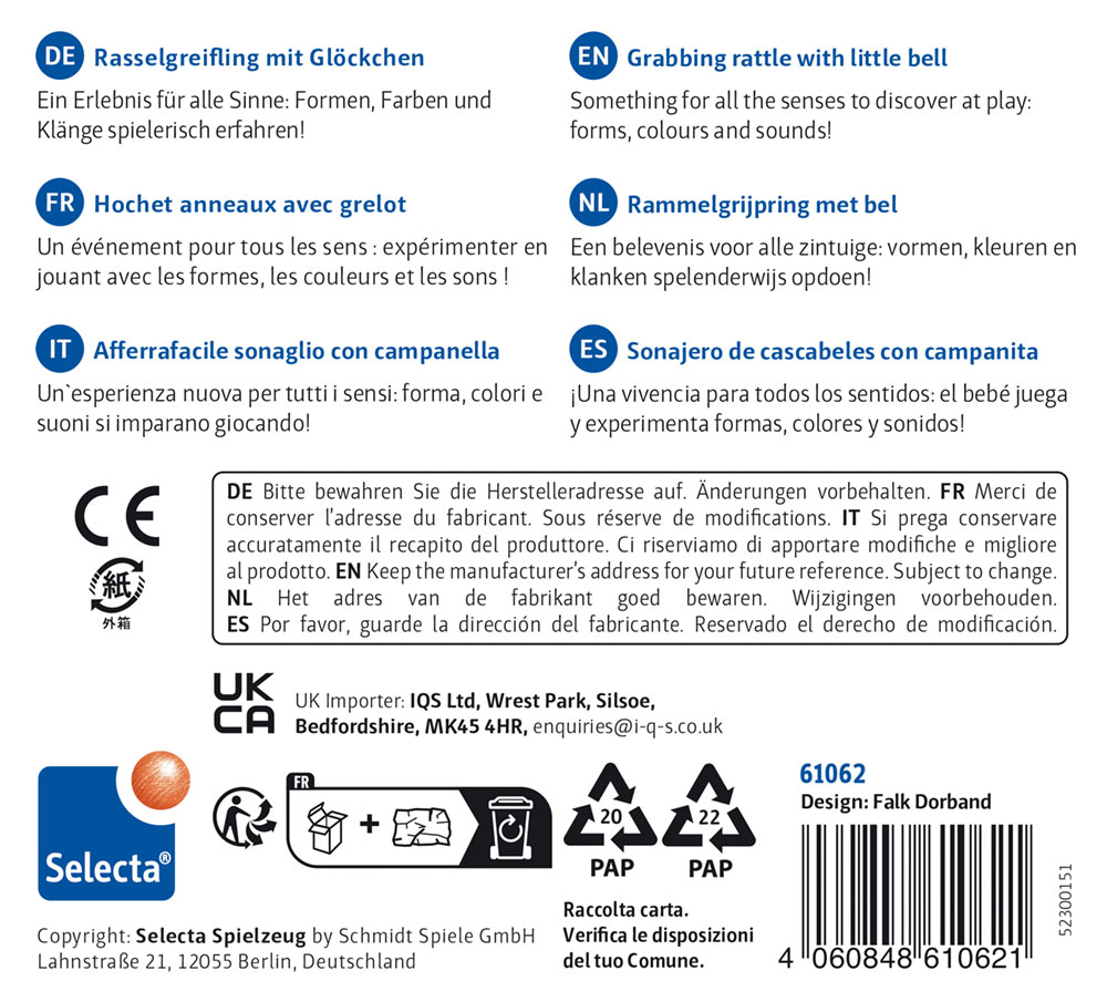 Toy packaging with multilingual info for a Selecta Spielzeug rattle with hidden bell.