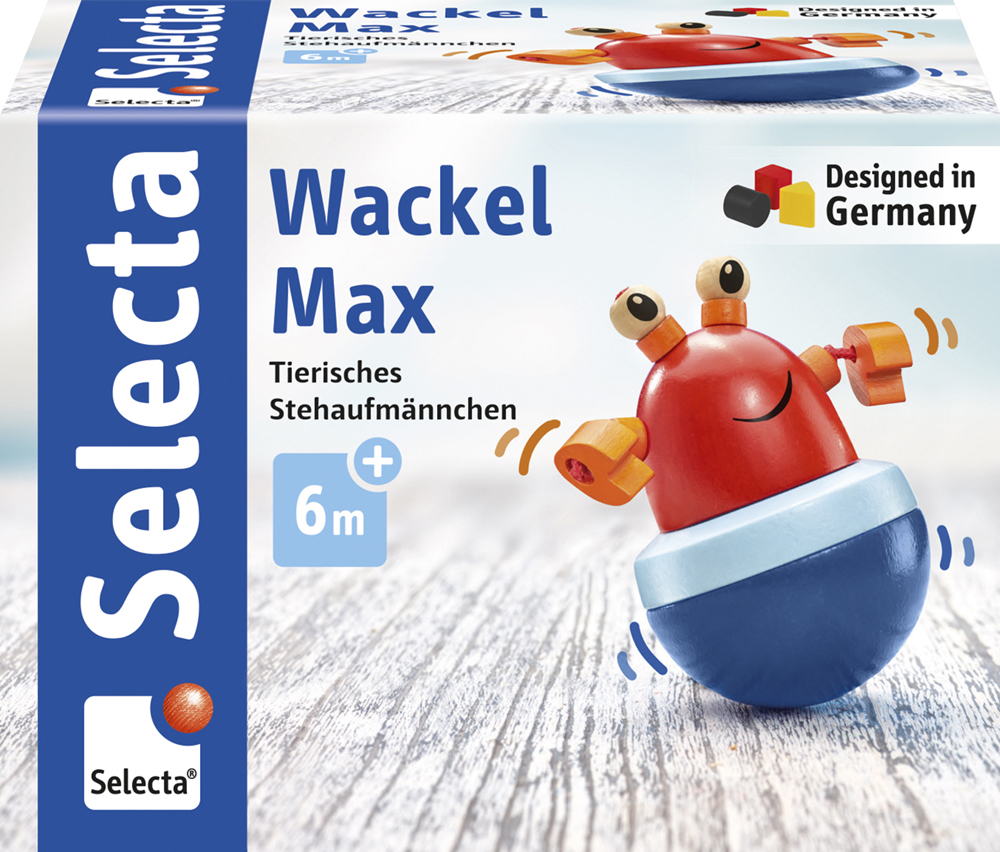61028_Rolina_FS08_09_2019 Toy packaging for Wackel Max, a colourful animal tumbler toy for ages 6m+, designed in Germany by Selecta.