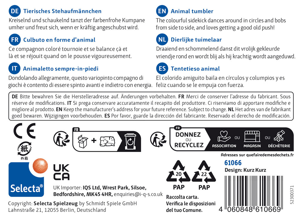 61066_wobblel-max-wooden-toy-p-bottom Product label for Selecta Animal tumbler toy, with description and safety information in five languages.