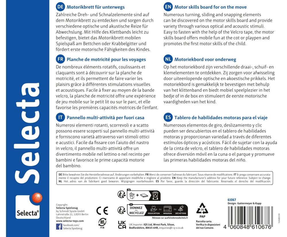 Product box back with text in five languages describing a children's motor skills activity board by Selecta.