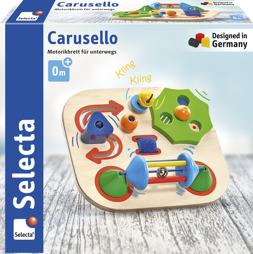 Wooden baby activity board toy with colourful shapes and tracks, packaged in a Selecta Carusello box.