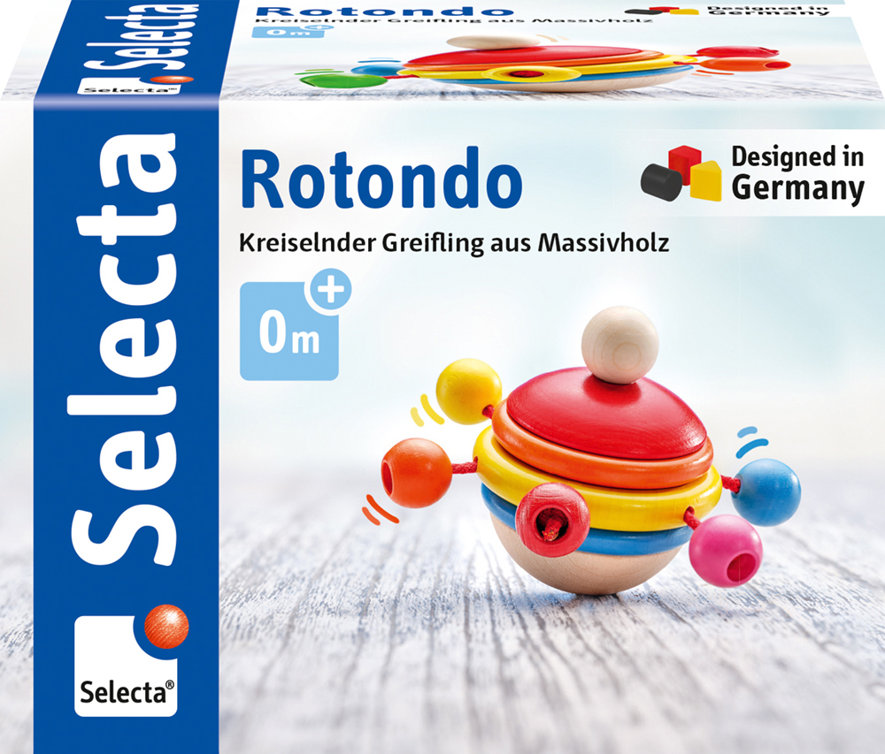 Box for Selecta Rotondo wooden baby toy, colourful sphere with knobs, labelled rotondo, age 0 months+.