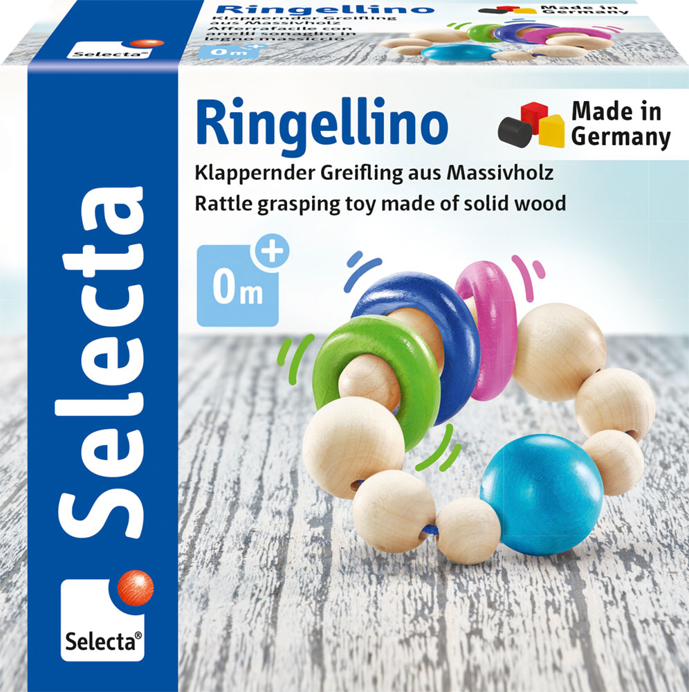 Box of Selecta Ringellino, a wooden grasping toy rattle for babies, marked Made in Germany.