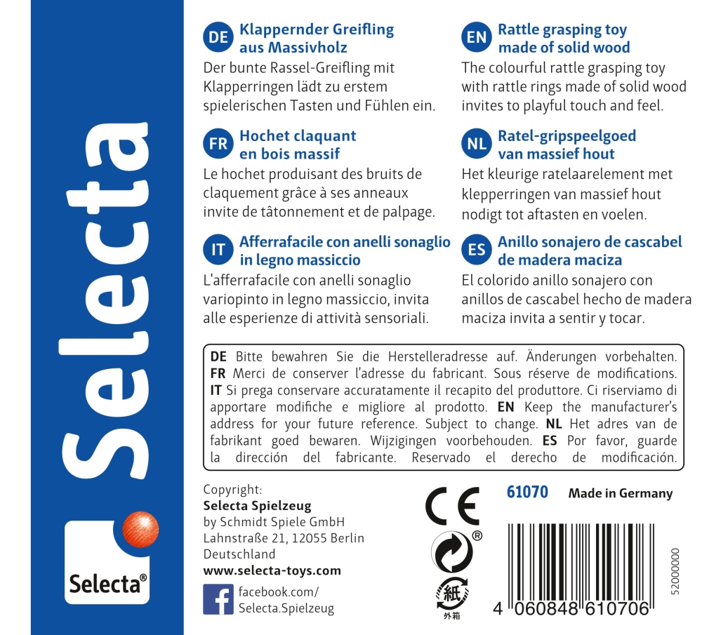 Selecta grasping toy label with product info in multiple languages and a barcode on a white and blue background.