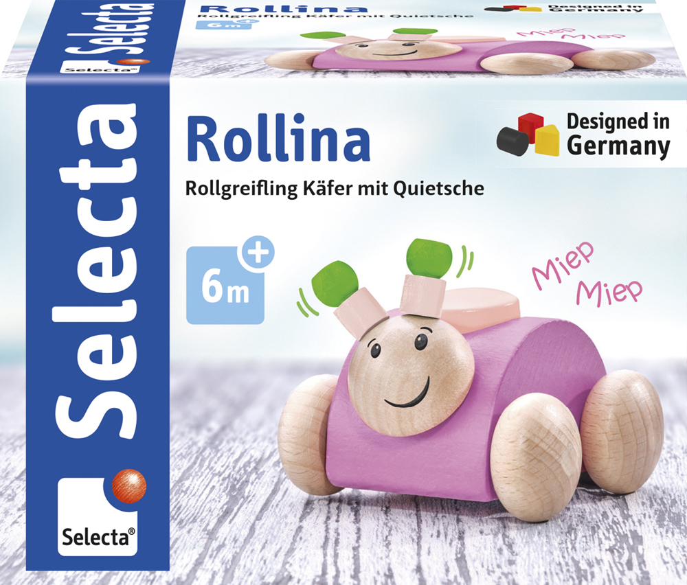 Rollina toy bug with wheels, a smiling face, and Miep Miep text on the box. For ages 6 months and upwards.