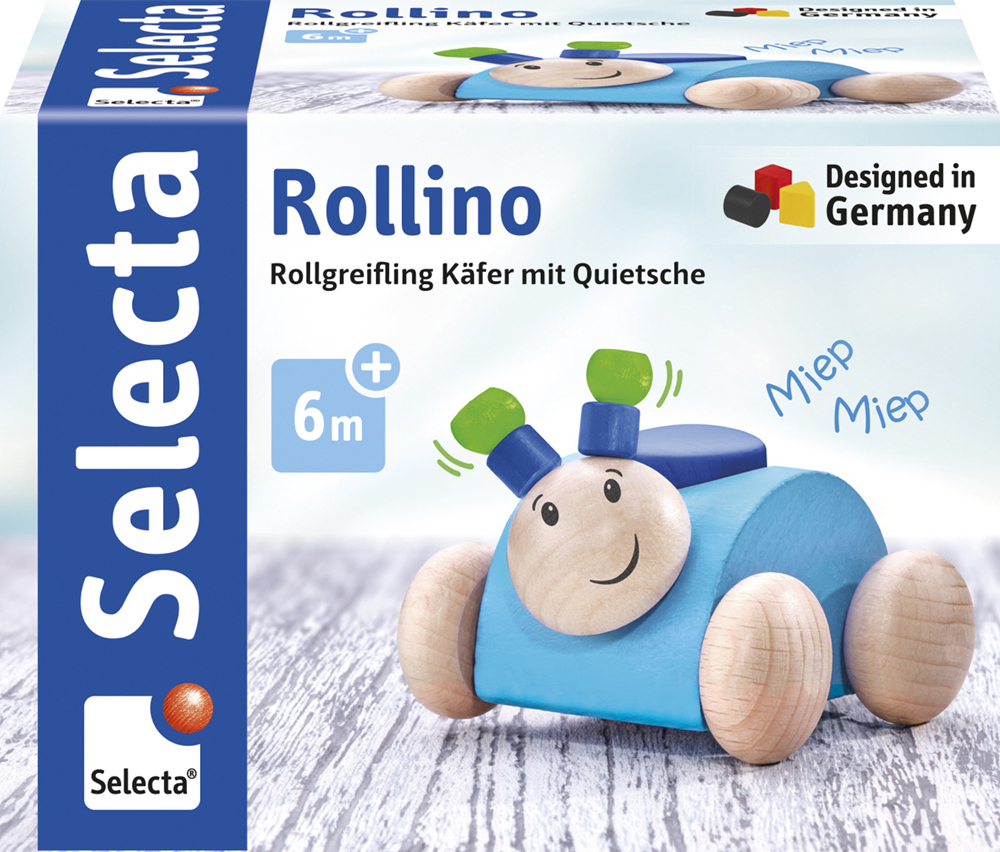 Rollino blue and natural wood rolling toy car with a smiling face, for ages 6 months and over, on packaging.
