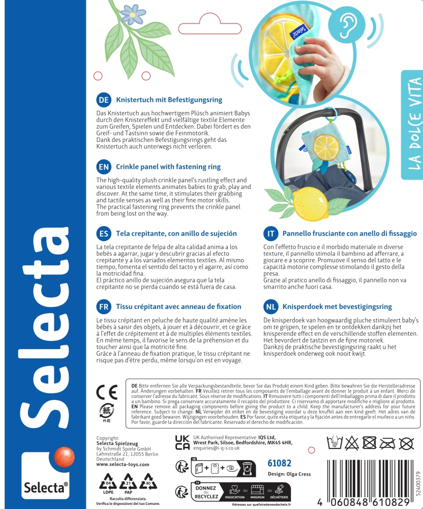 Crinkle panel baby toy packaging, blue and white, features Selecta logo, images, and six-language descriptions.