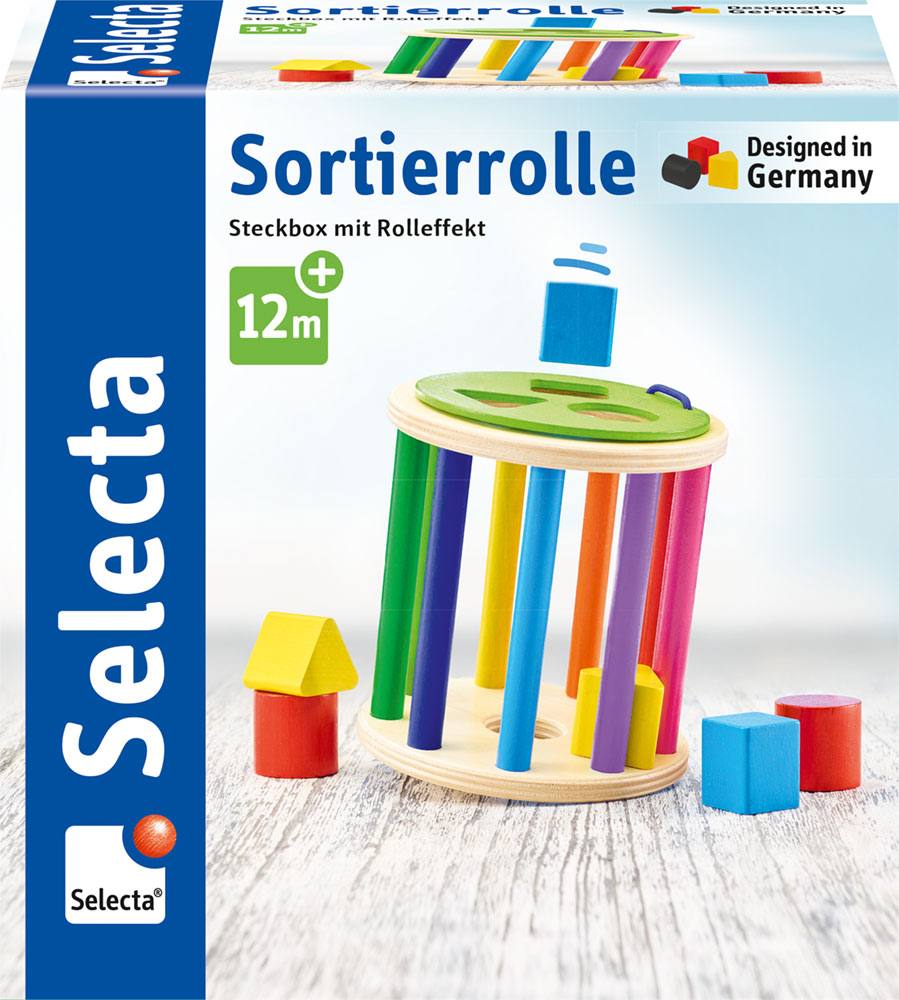62007-wooden-sorting-roller-baby-shape-game-p Shape sorting box with roller effect, colourful blocks, boxed for ages 12 months+, on a light floor.