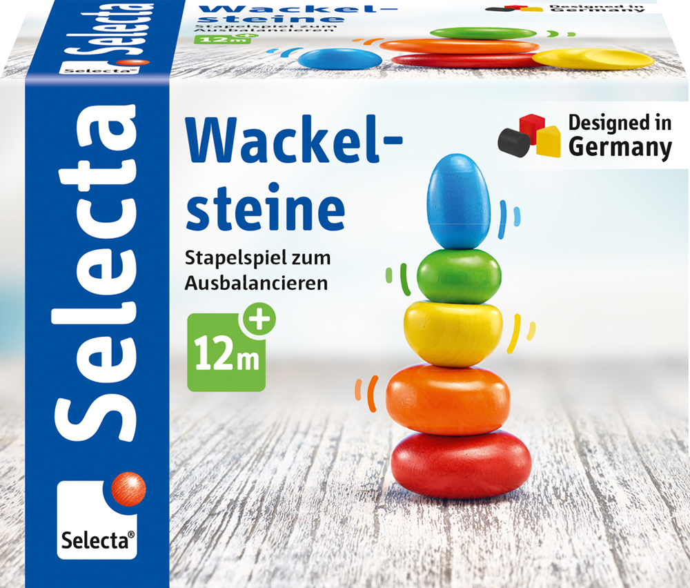 61028_Rolina_FS08_09_2019 Box of Wackelsteine stacking game for balancing with colourful stones, ages 12m+, designed in Germany.
