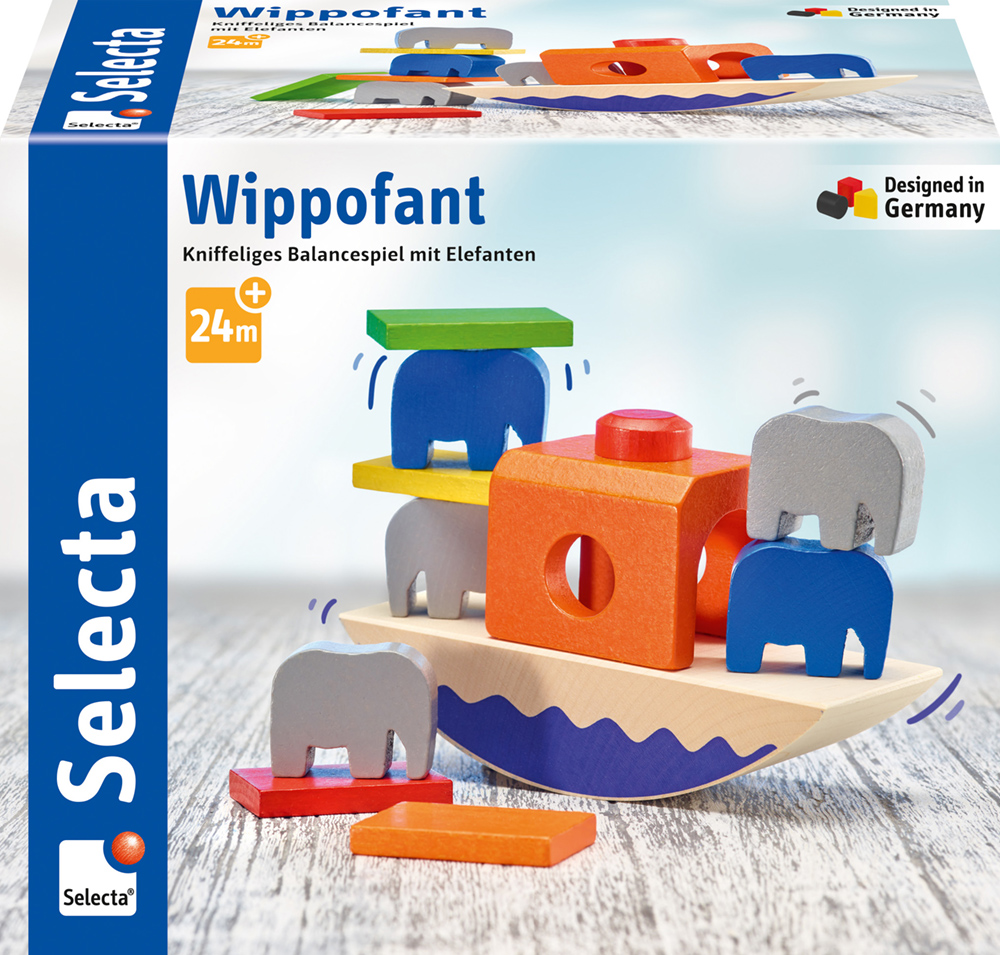 62020_Picknick_FS11_11_2019 Box of Selecta Wippofant, a tricky balancing game with elephants, for ages 24 months and over.