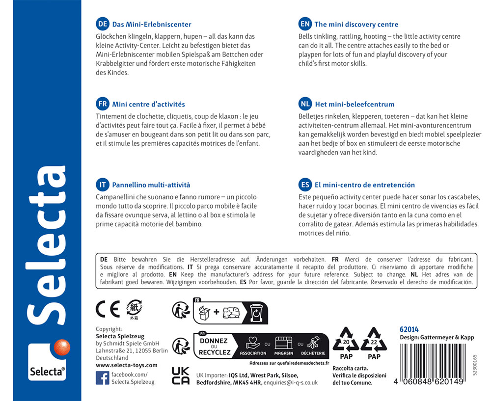 Board game box back with The mini adventure centre, multilingual descriptions, Selecta branding, and barcodes.