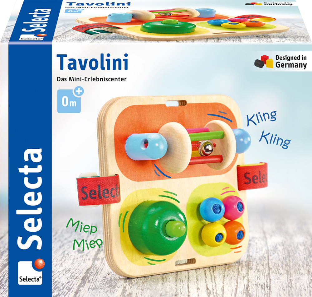 The mini adventure centre: Wooden activity board toy for babies, with colourful buttons and shapes by Selecta.
