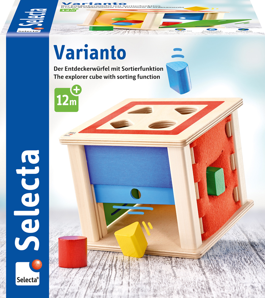 62019_Varianto_FS18_05_2020 Adventure cube with sorting function, colourful shapes, and sliding door—perfect for children 12 months and up.