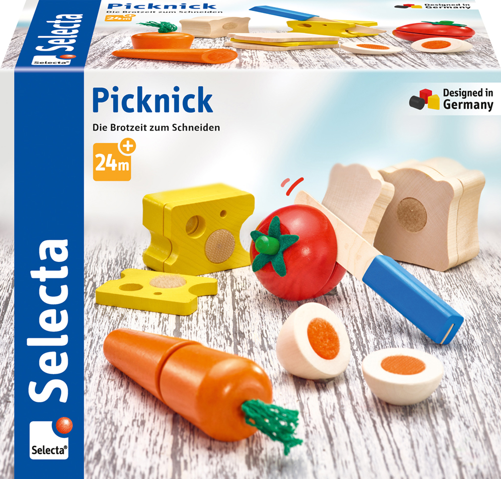 Toy picnic set with snack to cut up—wooden bread, cheese, veg, egg, toy knife—all in a handy box.