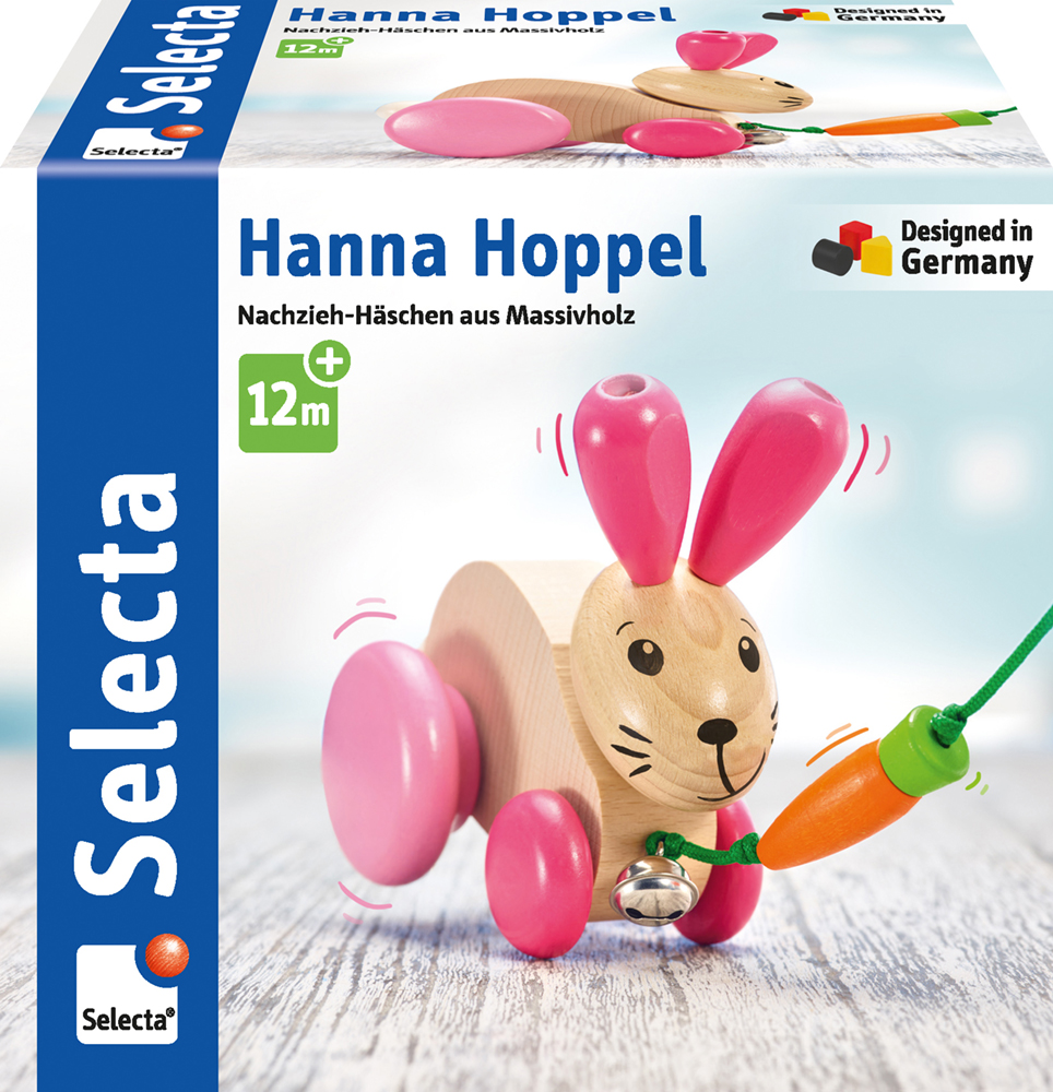 62026_Nico_FS33_042022-RZ Kopie Solid wood pull-along rabbit with pink ears and wheels, pulling an orange carrot; suitable for 12 months and over.