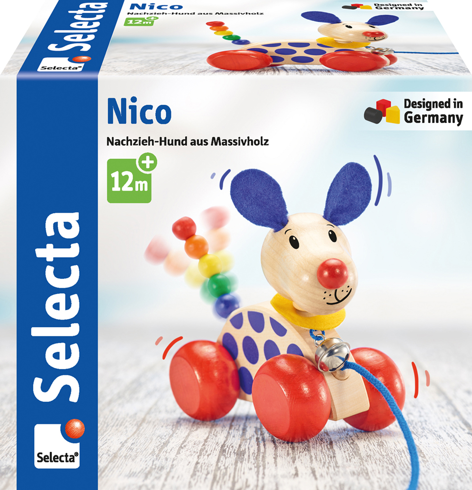 Solid wood pull-along dog on wheels with colourful beads; box reads Nico; for ages 12 months+.