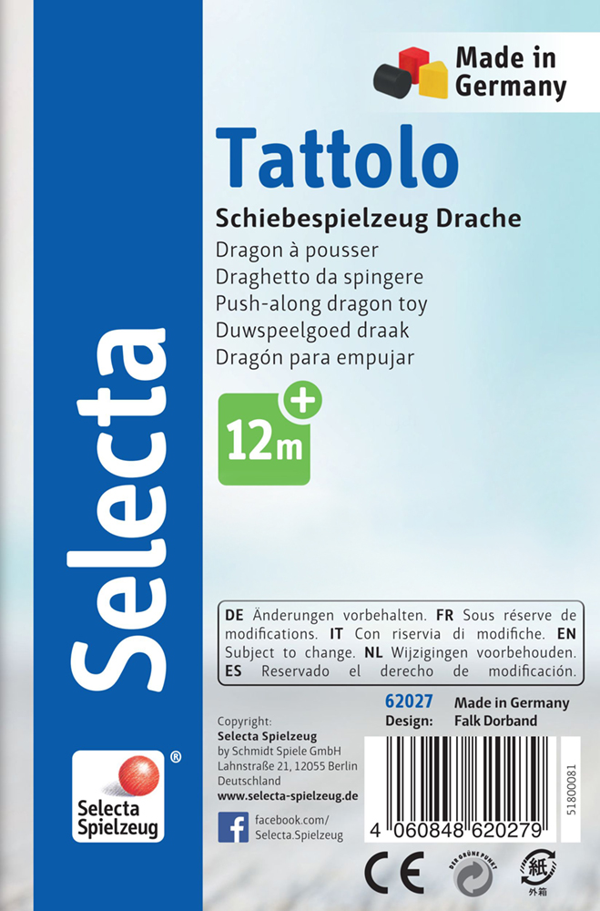 Box for Selecta Push-along dragon toy, ages 12m+, made in Germany, with multilingual text on packaging.