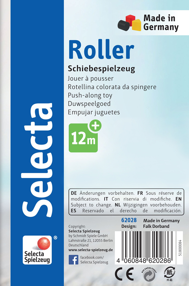 Packaging for a Selecta push-along toy, suitable for ages 12 months+, proudly made in Germany.