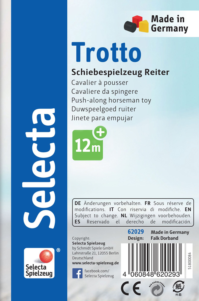 Toy packaging labelled Trotto push-along toy rider, suitable for ages 12 months+, made in Germany.